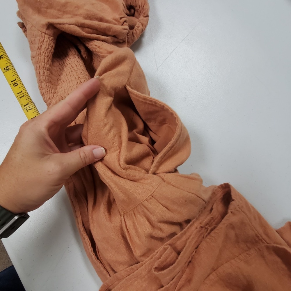 Abercrombie & Fitch Linen Smocked Maxi Dress Orange Puff Sleeve Tiered Pockets S - Picture 12 of 14